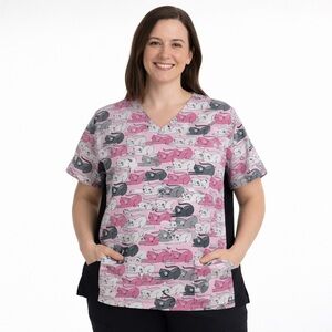 Divine Scrubs JDM Women’s L Pink Cat Print V-Neck Top Stretch Panels Pockets
